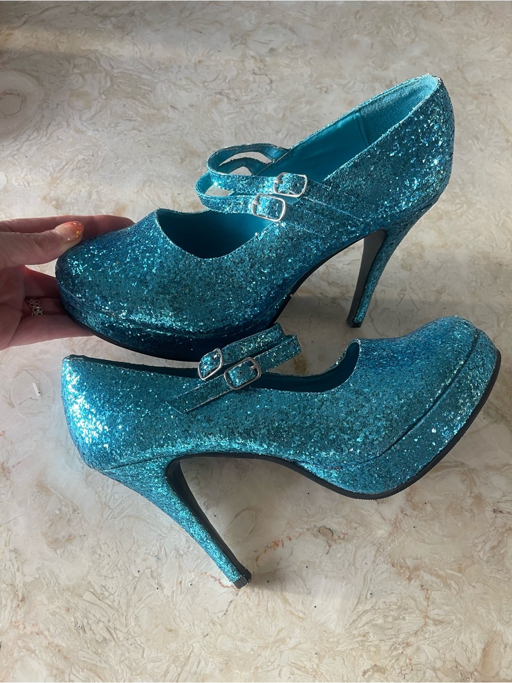 Sparkly Turquoise Blue Glitter Mary Jane Pump Heels